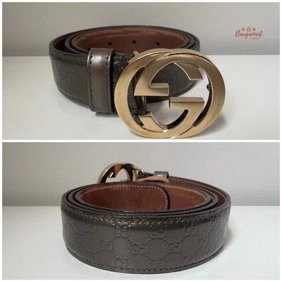 Authentic Gucci Gray Metallic Guccissima Leather Gold GG Buckle Belt 80/32 - Picture 4 of 13